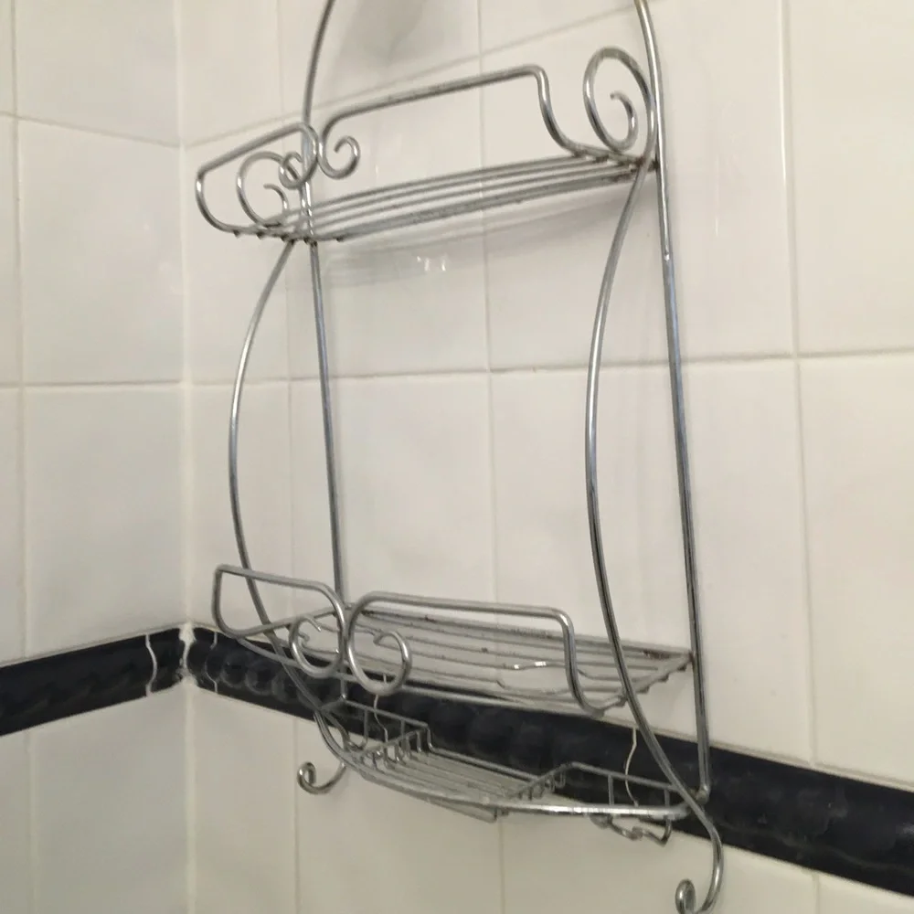 Silver over shower hanging caddy with soap dish and hooks